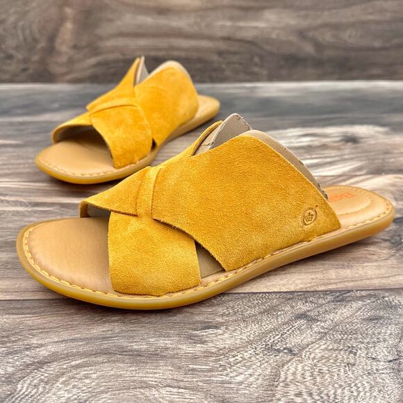 NIB Born Celena 8M Yellow Suede Cross Strap Flat Comfort Slide Sandals - Picture 3 of 10